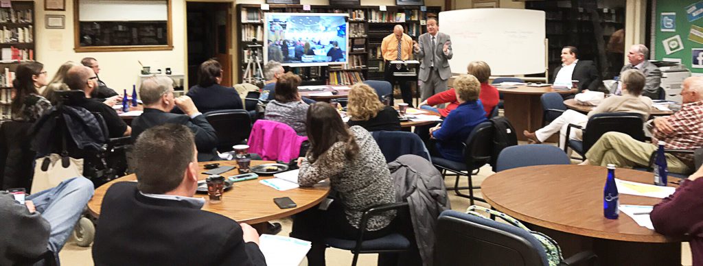 The Sussex County School Boards Association, joined via distance learning by the Cumberland and Atlantic County associations, held a recent meeting focused on declining enrollment. Here, Vernon Superintendent Art DiBenedetto and Assistant Superintendent Dr. Charles McKay, speaking at the meeting held at the Sussex County Technical School, discussed ways that Vernon addressed declining enrollment. 