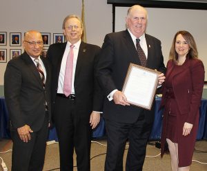 Left to right: Arcelio Aponte, New Jersey State Board of Education president; Dr. Lawrence S. Feinsod, NJSBA executive director; Daniel Sinclair, NJSBA president; and Kimberley Harrington, education commissioner
