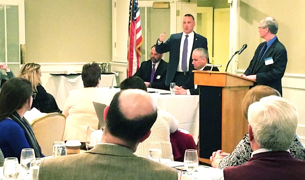 A presentation on school security, featuring a presentation by Denville’s school superintendent and police chief, as well as a panel discussion, took place at a recent Morris County School Boards Association meeting. Pictured (l-r) are Sgt. Jan-Michael Monrad, special operations division, intelligence unit/homeland security unit, Morris County Prosecutor’s Office; Denville Police Chief Christopher Wagner; Denville School Superintendent Steve Forte; and, at podium, Ray Pinney, NJSBA director of member engagement.