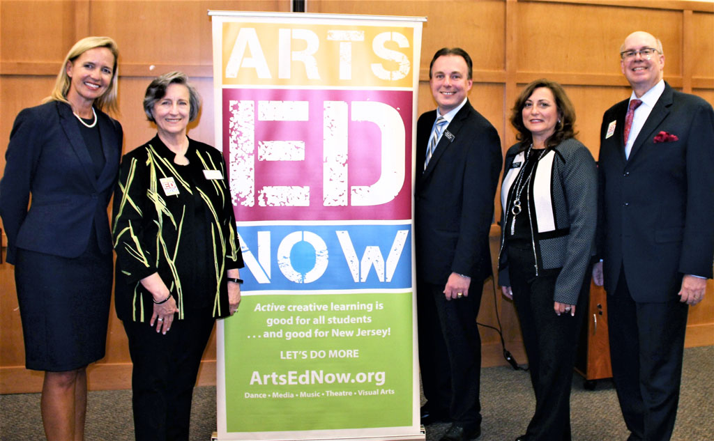 State education leaders on Sept. 12 called for school districts to expand and enhance arts programs for all students during a reception at the New Jersey Principals and Supervisors Association (NJPSA) headquarters. Left to right, Christy Tighe, vice president, New Jersey School Boards Association; Mary Reece, chair, board of trustees, ARTS ED NJ; Kevin Ciak, executive director of the Arts & Education Center; Lenore Kingsmore, president, board of trustees, Arts & Education Center and Robert Morrison, director, ARTS ED NJ. 