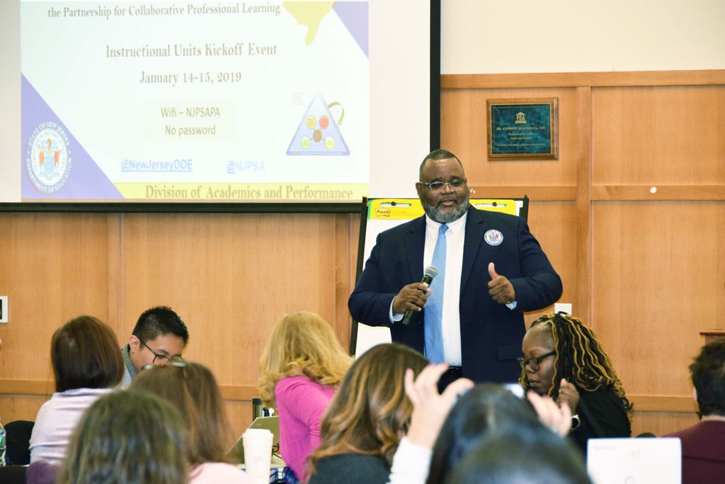 Commissioner of Education Lamont Repollet addresses educators at the January 14 CAR kick-off conference.
