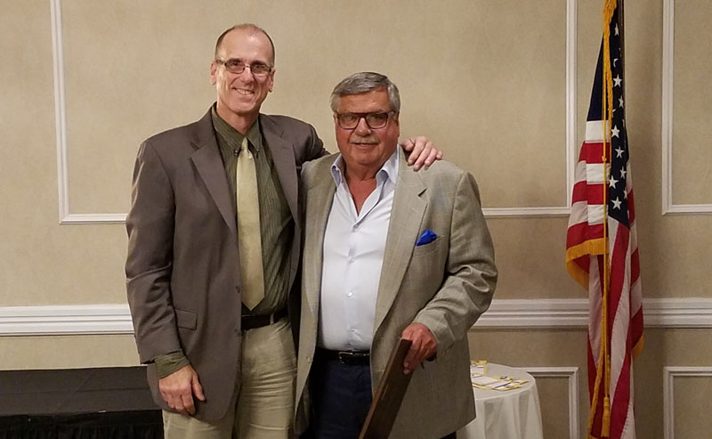 At the May 30 meeting of the Bergen County School Boards Association, (BCSBA), Joseph Smith of the Wallington school board, was honored for 45 years of service. Here he is pictured with Jim Gaffney (at left), president of the BCSBA. 
