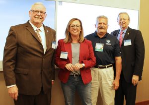 Two NJSBA Board of Directors members moved from being their county’s alternate representative to being the representative. Left to right, Mike McClure, NJSBA president; Melanie Biscardi, Ocean County representative; Dominick Miletta, Salem County representative; and Dr. Lawrence S. Feinsod. 