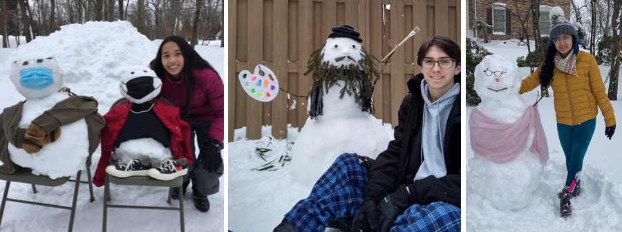 From left to right: Snow artists Juliette (pictured) and Conner Cheng, 9th- and 12th-grade students respectively, created likenesses of U.S. Sen. Bernie Sanders and Vice President Kamala Harris; freshman Sean Hall made a snowman of Leonardo da Vinci, and 9th-grader Ria Jain paid homage to Gandhi. Photos provided by social studies teacher Shelly Lettington of Watchung Regional High School, which serves Somerset and Morris counties.