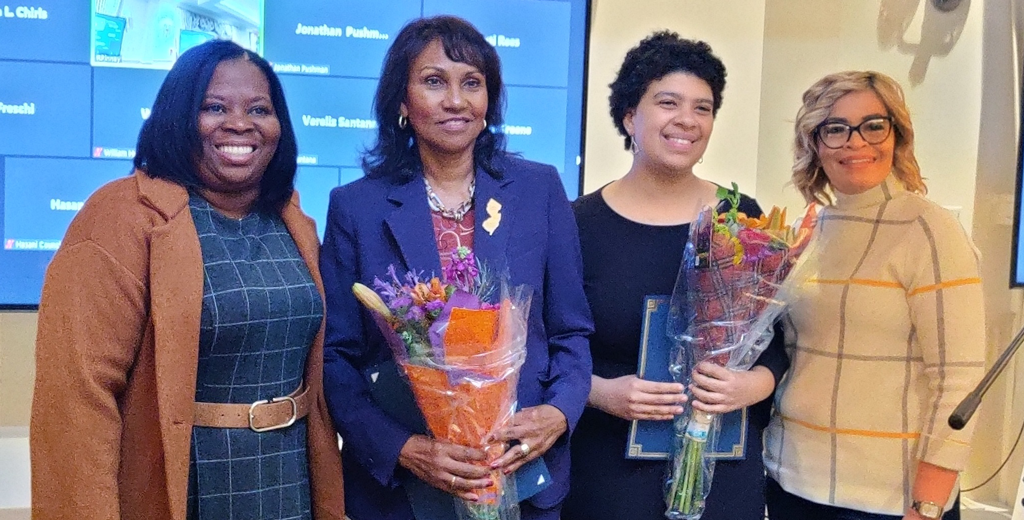 Left to right: Terry Tucker, president of the East Orange Board of Education; Theresa Maughan, the 2021-2022 New Jersey State Teacher of the Year; Maura Baker, a student at West Orange High School and the student representative to the New Jersey Board of Education; and Josephine Garcia, president of the Essex County School Boards Association.