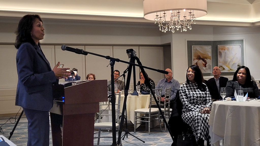 Theresa Maughan, a teacher at East Orange Stem Academy and the 2021-2022 New Jersey State Teacher of the Year, speaks to the crowd at the Essex County School Boards Association’s meeting Nov. 10.