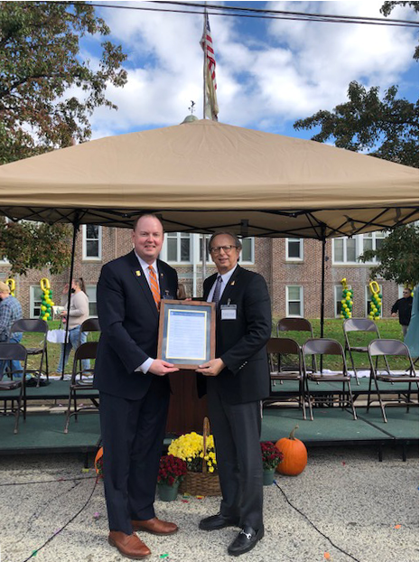 Dr. Lawrence S. Feinsod, NJSBA executive director, attended the centennial celebration and presented the Southampton Board of Education with a resolution commemorating the occasion. Shown in the photo here are (at left) Jeffrey Hicks, president of the Southampton Township Board of Education and president of the Burlington County School Boards Association, and Dr. Feinsod. 