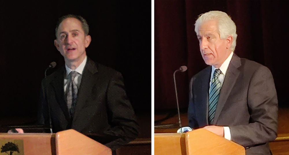 (Above) Steven Cea, who has decades of experience as a school business administrator, including experience with regional school districts, presents the findings a feasibility study on the unification of the Salem County school districts. (Right) Vito A Gagliardi Jr., principal of Porzio, Bromberg & Newman, presents the results of a feasibility study on the unification of the Salem County school districts.