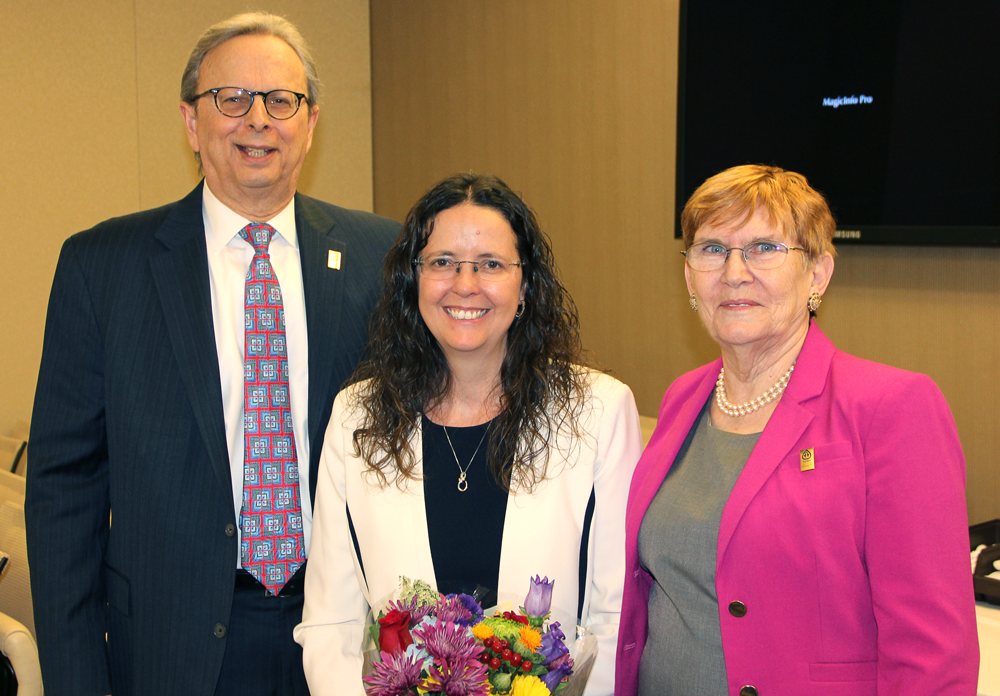 Left to right: Dr. Lawrence S. Feinsod, executive director of the New Jersey School Boards Association; Kerri Wright, a member of the Chester Board of Education and the 2021-2022 Board Member of the Year; and Irene LeFebvre, NJSBA president, celebrate Wright as the 2021-2022 NJSBA Board Member of the Year at an April 6 luncheon.