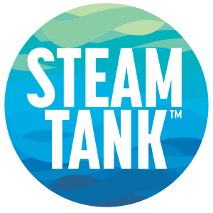 STEAM Tank logo circle shape with white text over a gradient blue to green wavy pattern