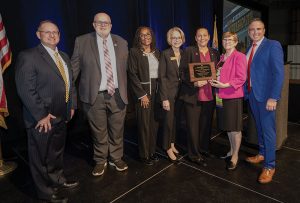 Left to right: Dr. Tom Connors, NJSBA’s vice president for finance; Barry Fitzgerald, vice president of county activities; Chanta L. Jackson, vice president for legislation and resolutions; Karen Cortellino, M.D., president; Bernadette Dalesandro; Irene LeFebvre, immediate past president; and Dr. Timothy Purnell, executive director and CEO of NJSBA