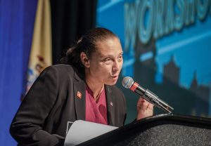 Bernadette Dalesandro, NJSBA’s 2023-2024 School Board Member of the Year, speaking at Workshop 2023 in Atlantic City.
