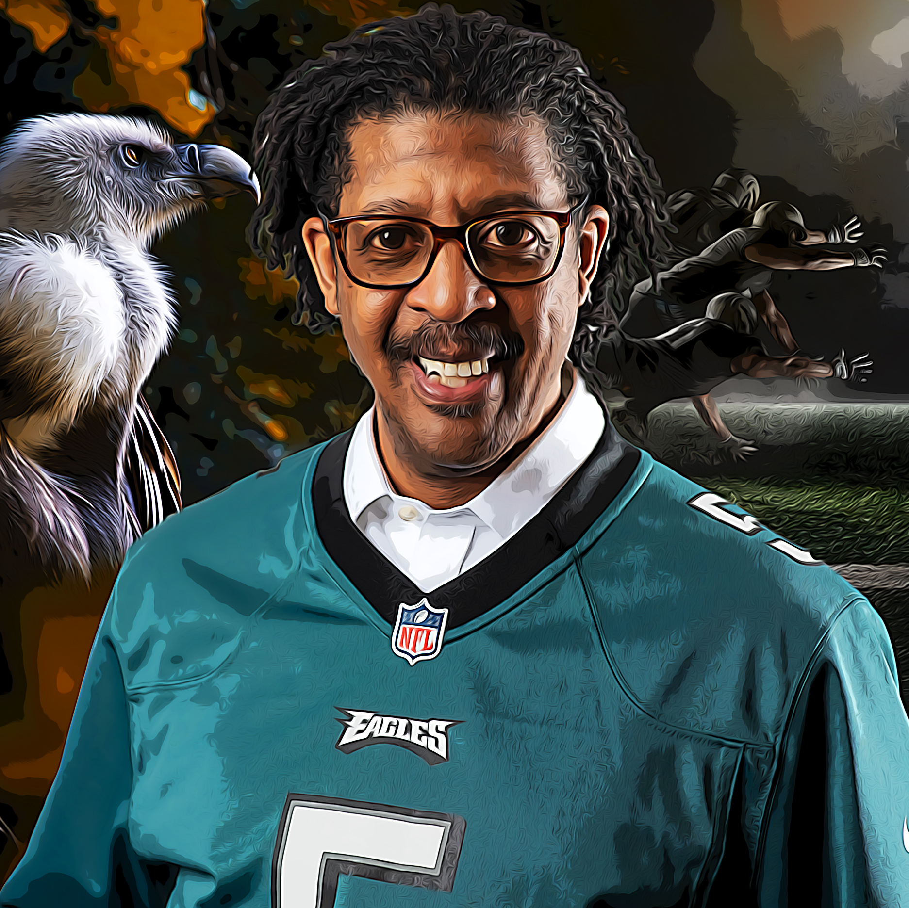 Carl Tanksley in a sports jersey in front of an eagle and football players.