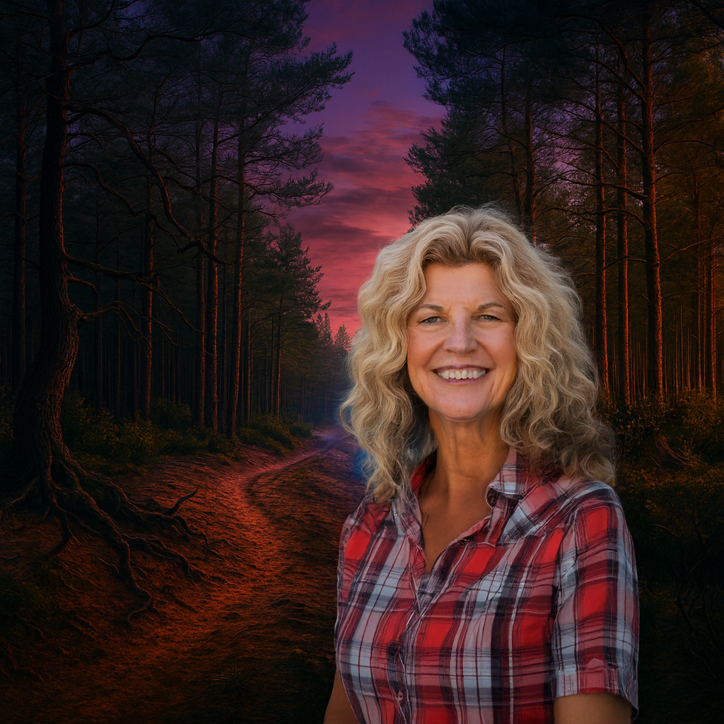 Laura smiling in front of the Pine Barrens at dusk
