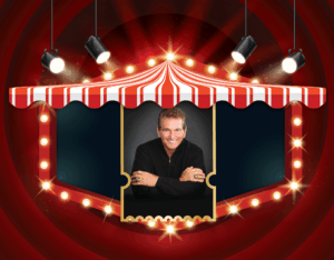 photo of Joe Theismann in the center of a circus tent marquee with spotlights shining on it