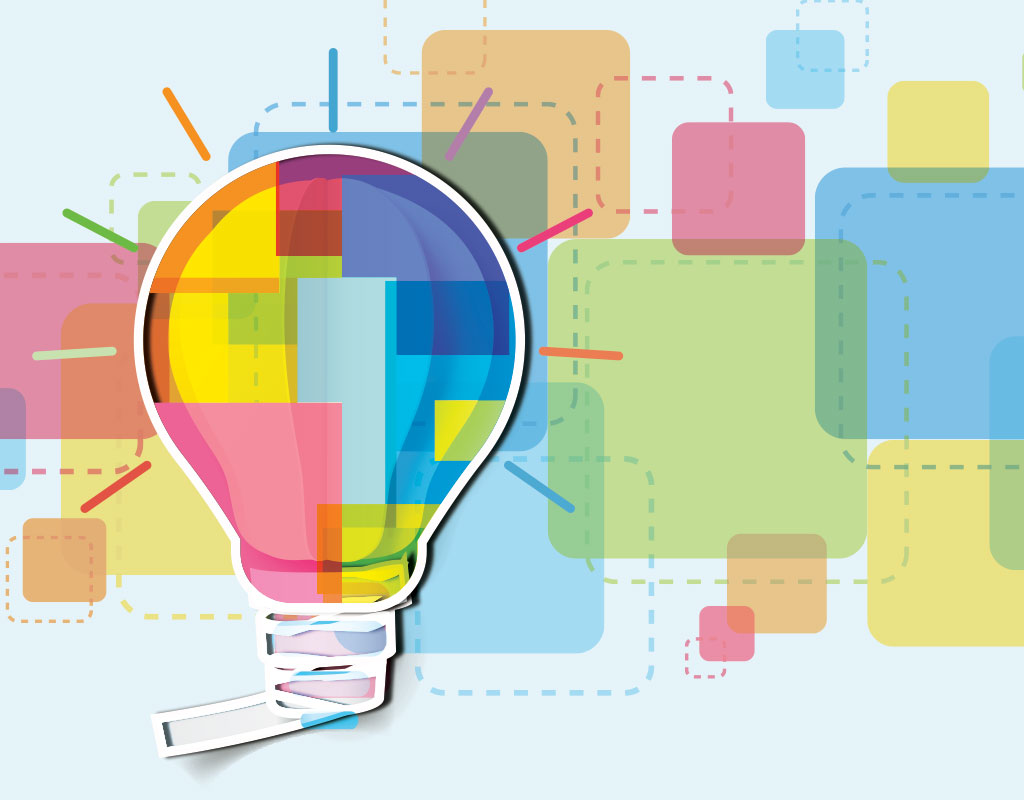 lightbulb graphic with colorful blocks overlaying