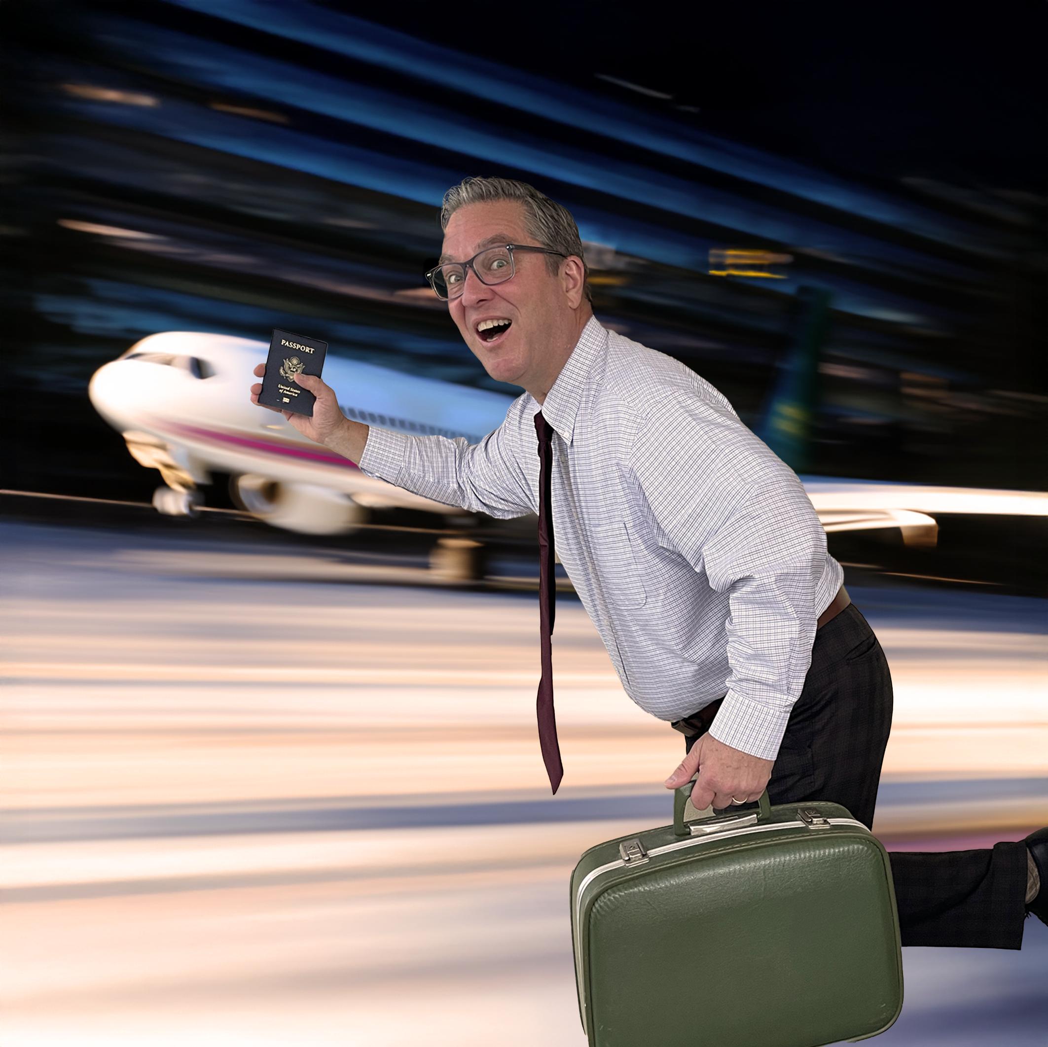 Paul running with passport and breifcase, trying to catch a plane.