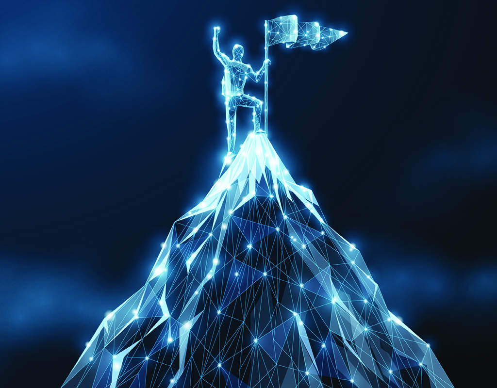 digital style illustration of a person at the top of a mountain with a flag