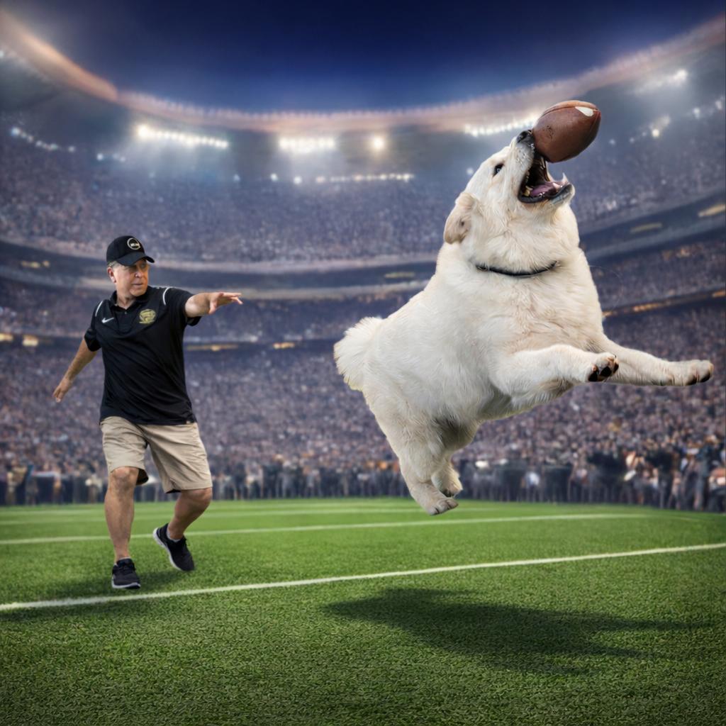 James throwing a football to his dog