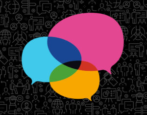 three colorful speech bubbles overlapping on a black background with gray repeating pattern of line-art communication icons