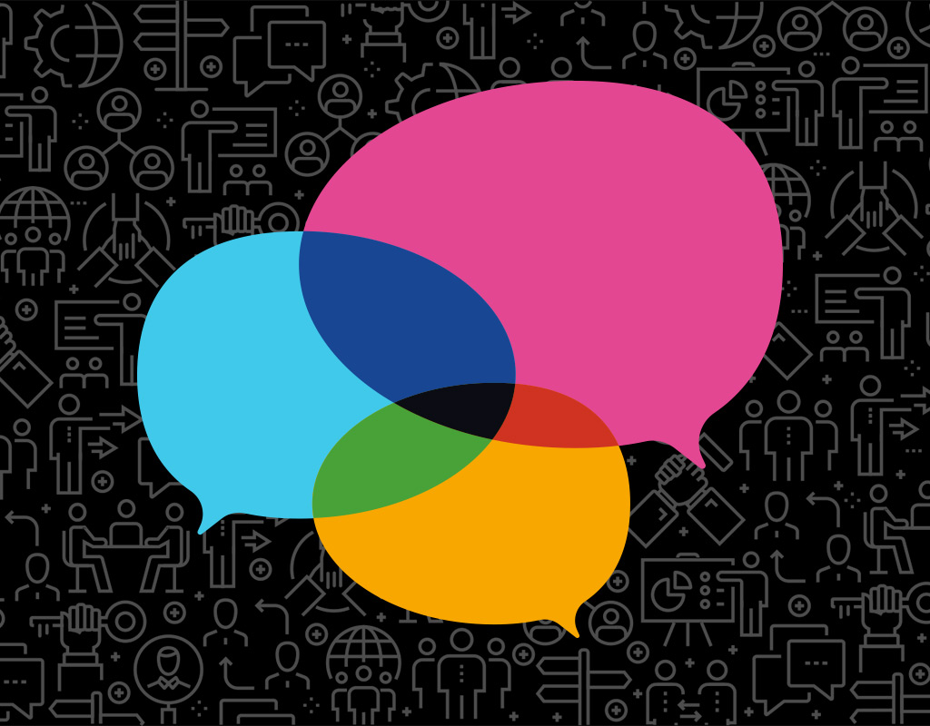 three colorful speech bubbles overlapping on a black background with gray repeating pattern of line-art communication icons