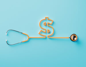 A stethoscope with the cord shaped like a dollar sign on a light cyan background