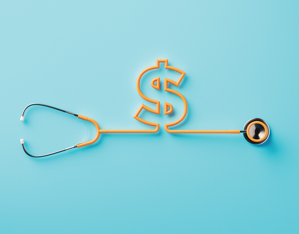 A stethoscope with the cord shaped like a dollar sign on a light cyan background