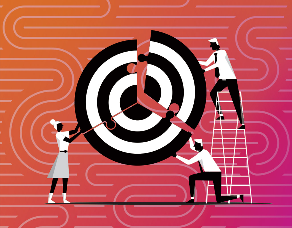 Black and white vector illustration of three people putting together a bullseye, one of them is on a ladder. The background is a orange to pink gradient with a swirl overlay pattern.