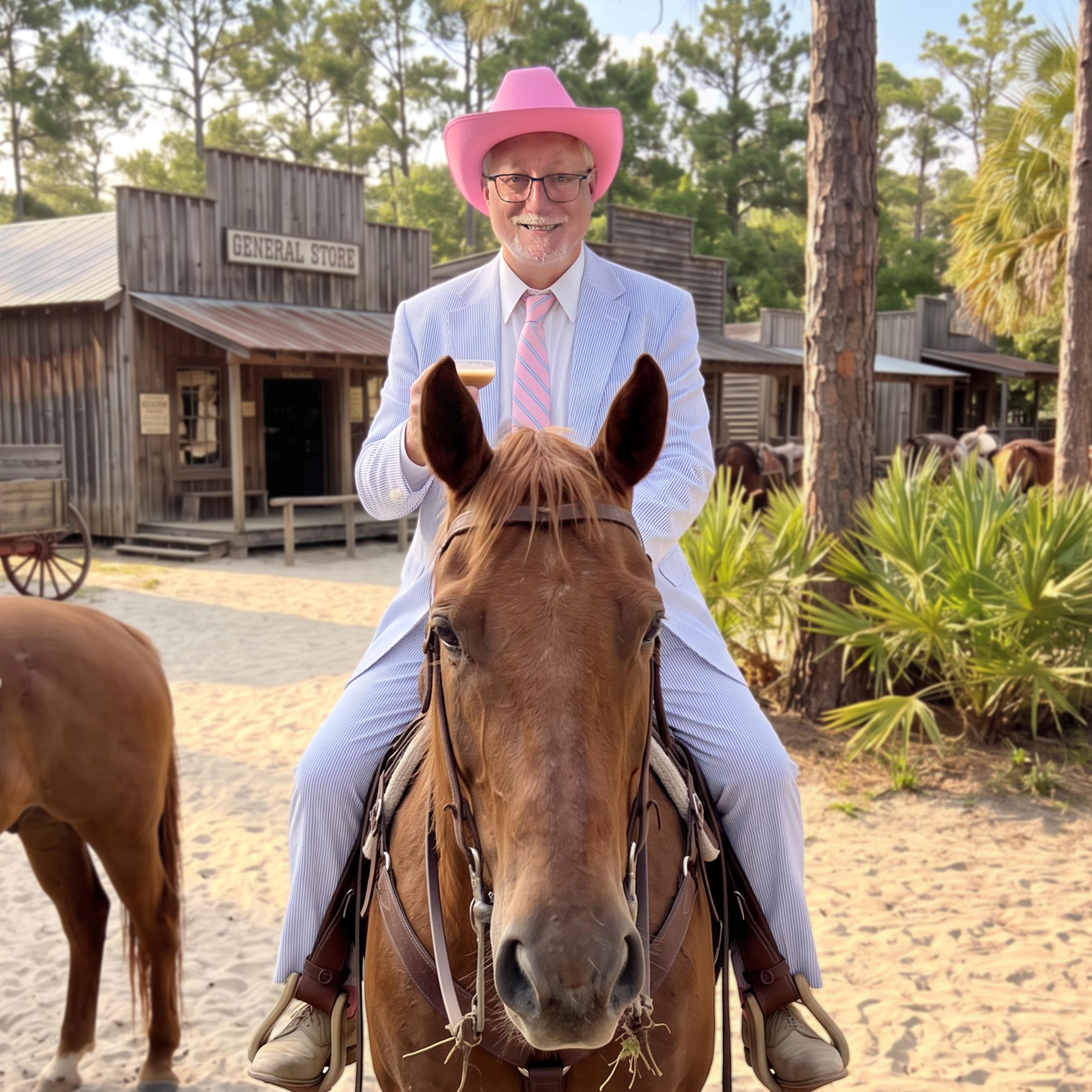 Andrew sitting on a horse with a pink hat and suit in front of a wild western background