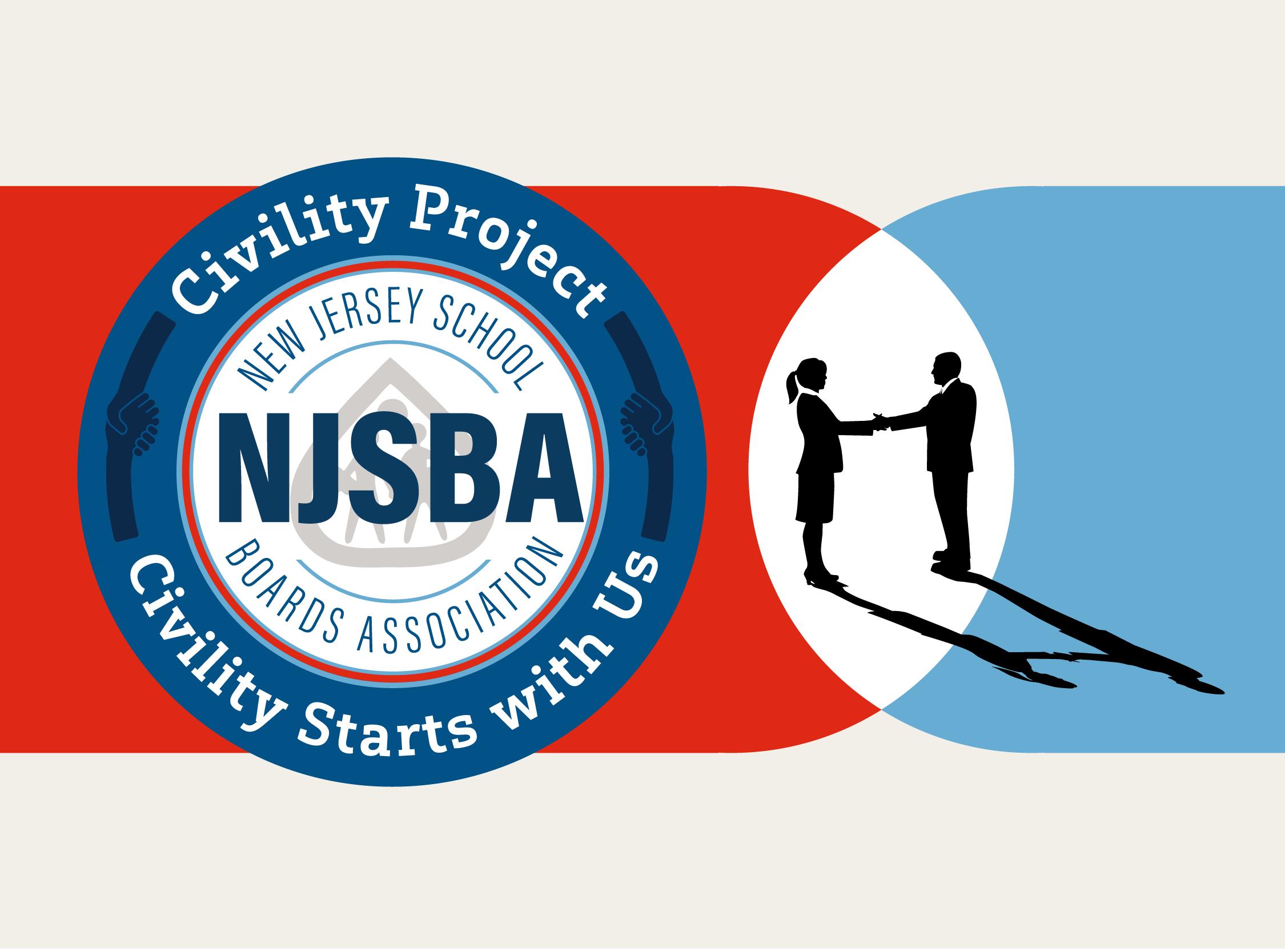 civility project logo next to a man and woman shaking hands silhouette with a red and blue background