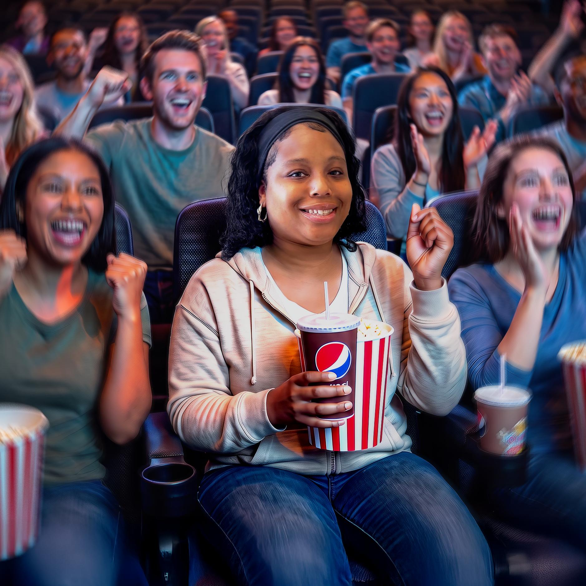 Aarin at a movie theater with a cheering crowd.
