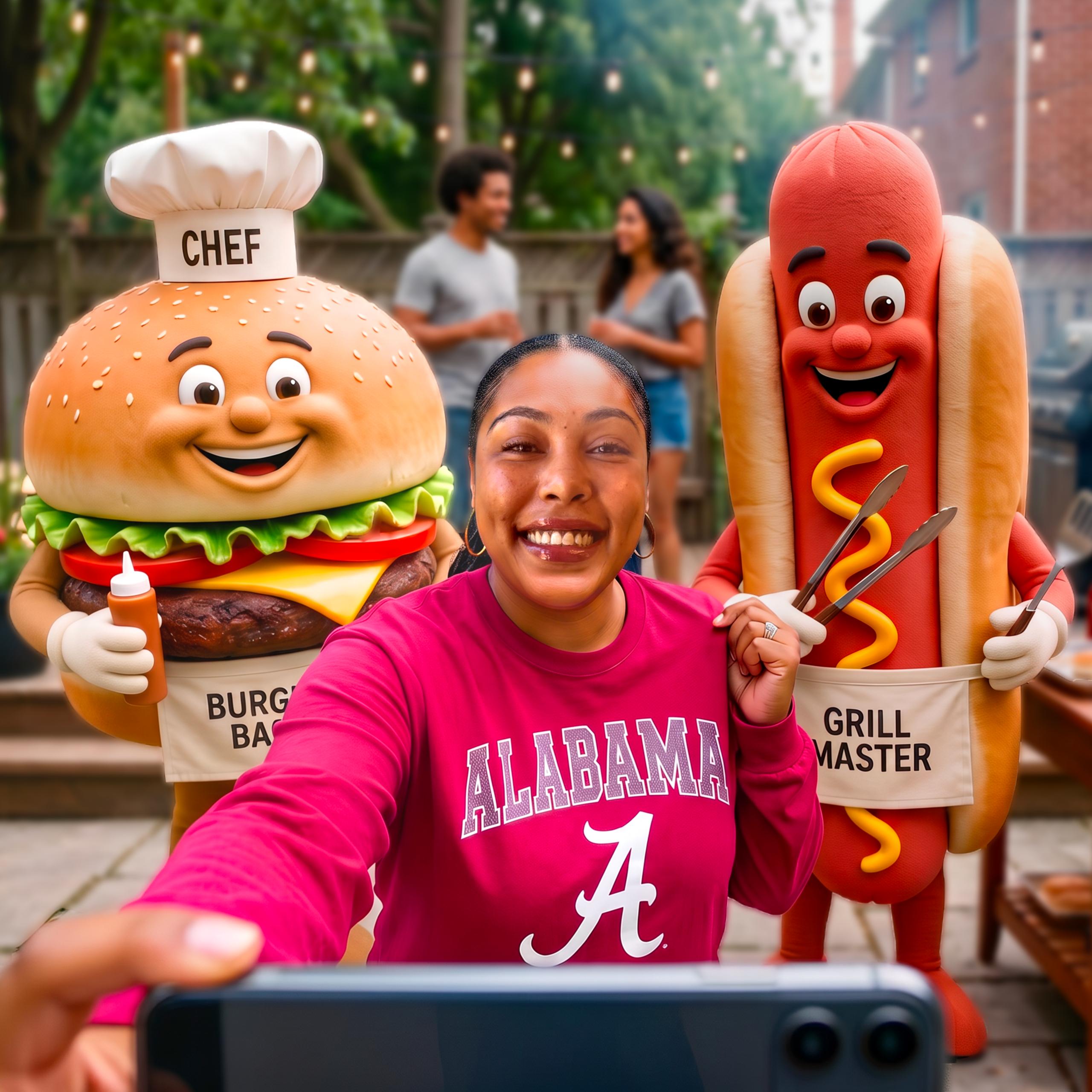 Ashley at a bbq taking a selfie with life-sized bruger and hotdog characters