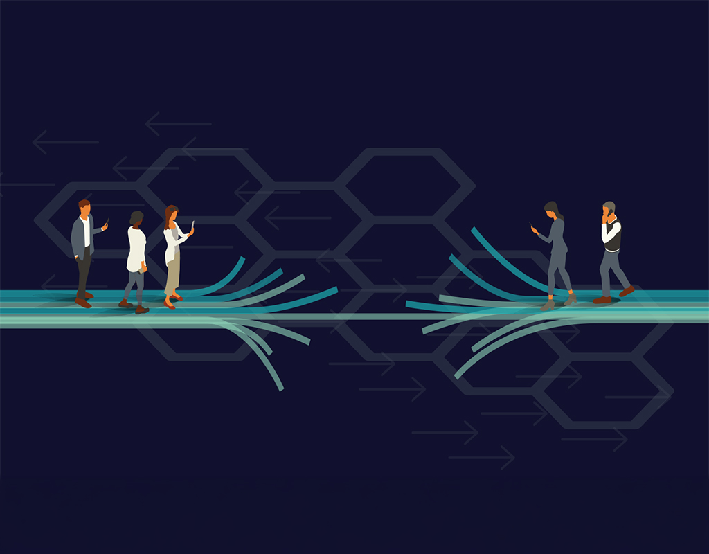 vector graphic of diverse peopel in business suits standing on teal lines accross from eachother with a severed connection. The background is navy blue with gray a hexagon pattern