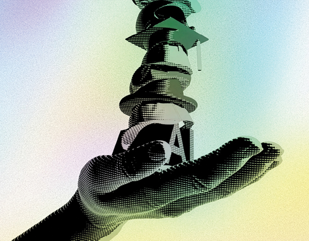 A black halftone style graphic of a hand holding books and the letters AI over a pastel gradient mesh background