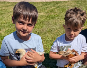 two young boys holding baby chicks