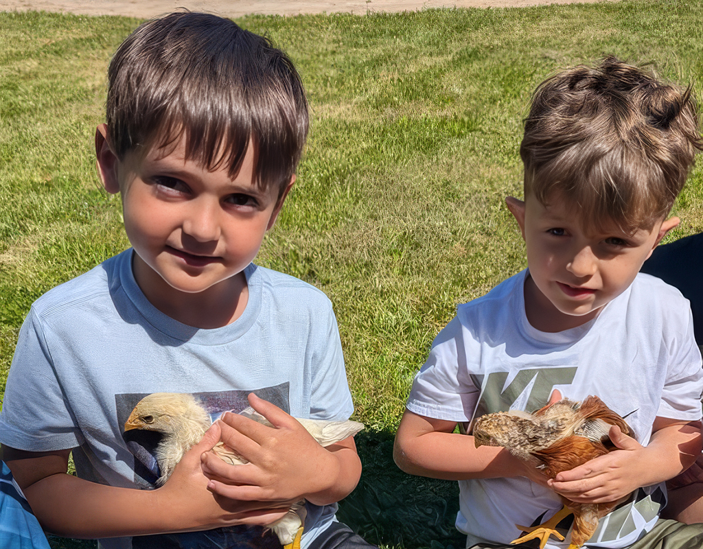 two young boys holding baby chicks