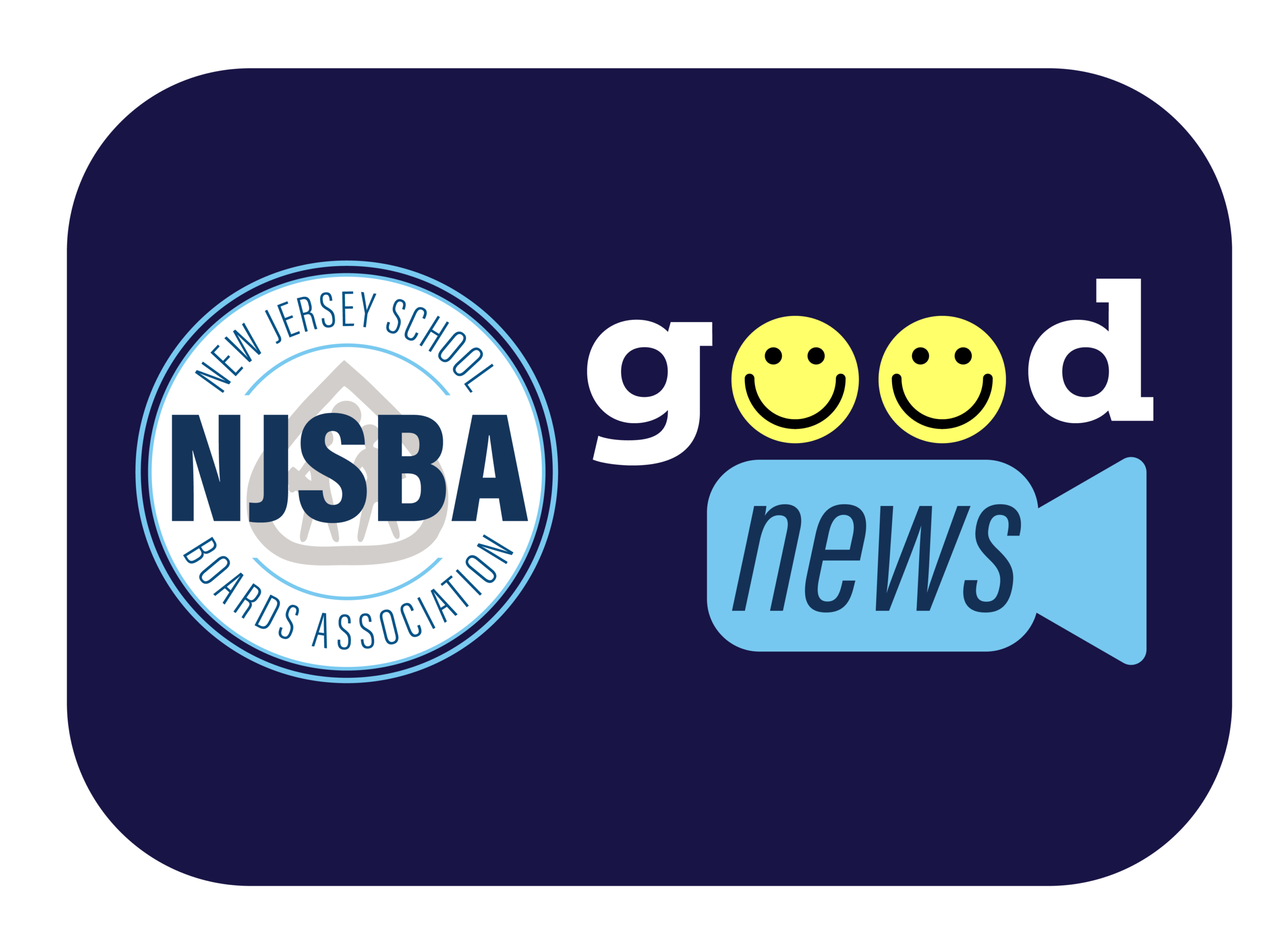 NJSBA Good News Logo with the NJSBA logo to the left and good with the letter o's as smiley faces and news below it in a video camera icon
