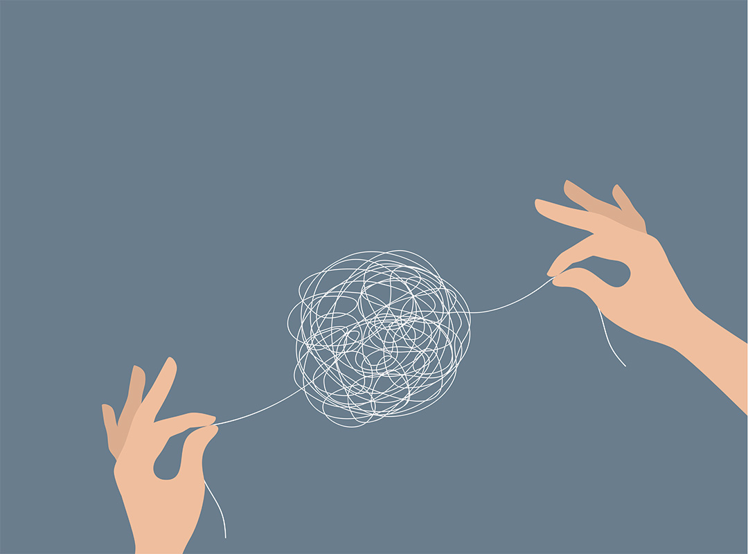 illustration of two hands holding each end of a tangled ball of string over a gray background