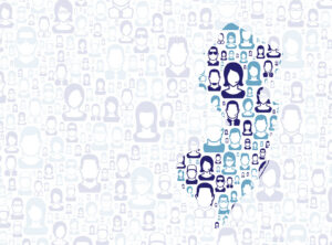 dark and light blue pattern of faceless heads behind a transparent white overlay. The state of new jersey shape is cut out revealing the background.